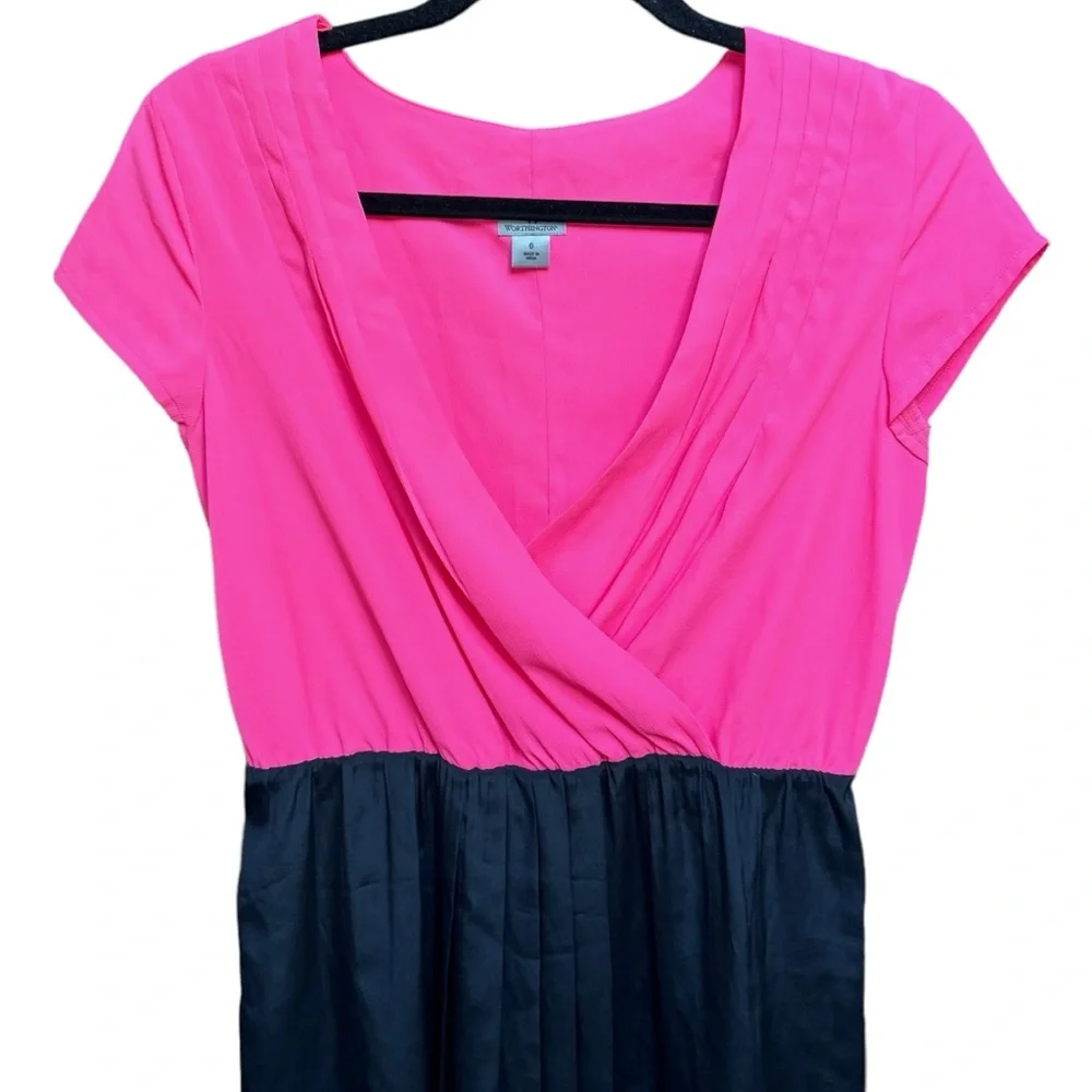 Worthington Short Sleeve Faux Wrap Dress Pink Black Color Block Surplice Mini 6
